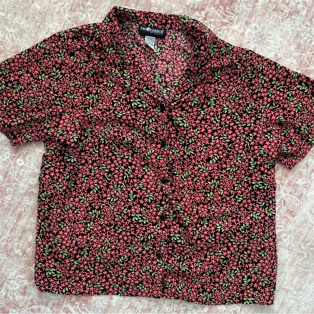 Women’s Floral Button-Up Shirt - Black and Pink